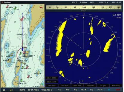 Här har alla radarekon, både rörliga och fasta, samma färg. I Seacross kan man välja att ha rörliga ekon i annan färg. Jämför med bilden nedan. Röda ekon är rörliga och är lätta att upptäcka.