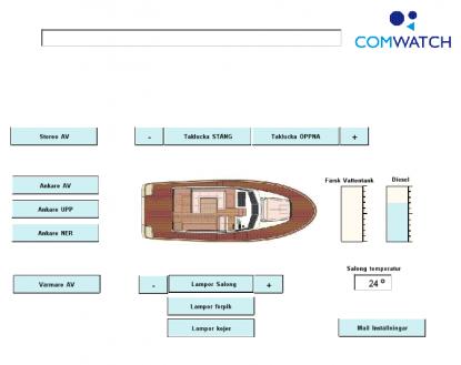 Här visas ett exempel på båtens webbsida. Du kan direkt på touchskärmen kontrollera temperatur, tända o släcka innerbelysningen eller öppna och stänga takluckan med mera.