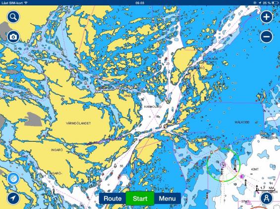 Samma sjökortsbild för iPad. Navionics har ett programvarufel i sin version 5.0 av Android. I mitten av juni ska det vara rättat enligt Hans-Christian Grande på Navionics.