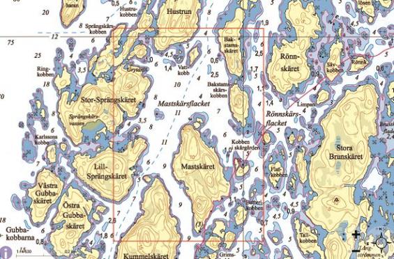 Om vi fortsätter att zooma kommer Hydrographicas sjökort fram. De sjökorten är ritade i skala 1:10 000.