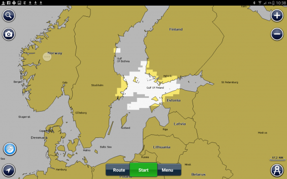 För 595 kronor får man hela Europas sjökort till surfplattan eller telefonen. De ljusa partierna visar det områden som jag aktiverat i min surfplatta.