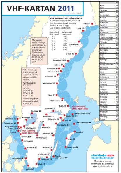 De röda punkterna är radiomasternas placering runt svenska kusten. Det är via dessa master som radioreklam sänds till båtfolket via VHF från Stockholmradio.