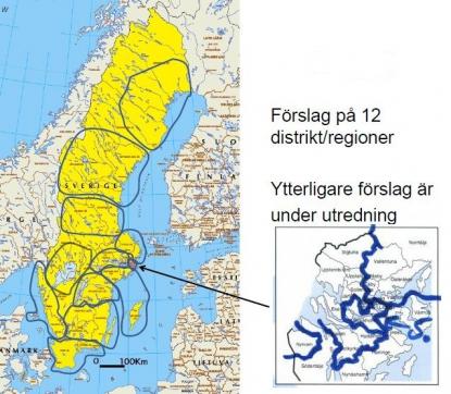 Preliminärt förslag är tolv nya distrikt. Bild från styrgruppens presentation. <br />