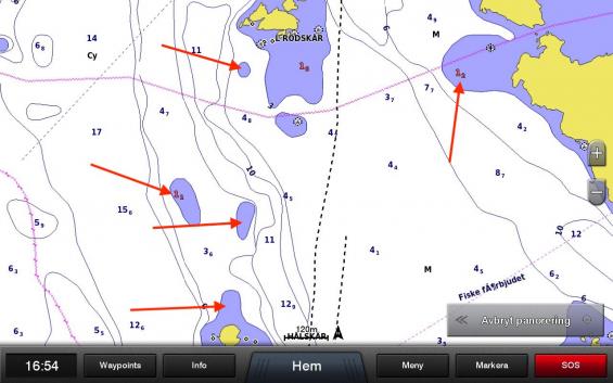 Samma område inzoomat till 120 meter. Två av fem djupsiffror framträder.