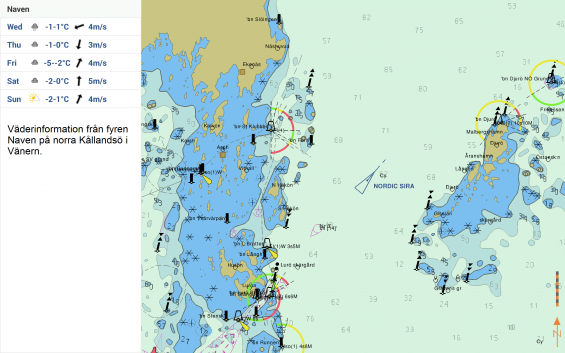 Här ser vi väder och AIS på samma sjökortsbild från Vänern. Fartyget \