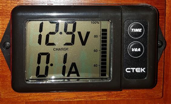 Batterimätaren System Monitor visar aktuell laddning. Här från solcellen en mulen och sen eftermiddag. Aktuell spänning visas och aktuell kapacitet i batteribanken där 100 % är fulladdat.