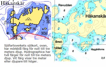 Främst är det tremeterskurvan som justeras i Sjöfartsverkets kort. All den djupinformation som syns till höger i Hydrographicas kort ryms inte i Sjöfartsverkets kort på grund av stora skillnader i skalan.