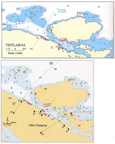 Förvillande lika. Titta till exempel på förtöjningsöglorna vid de röda strecken. De är utritade på ett generaliserat sätt av Hydrographica och anger inte exakta antalet. Samma öglor på samma ställe finns i norska kortet i boken Hamneguiden 5 Göteborg - Svinesund. &Ouml;verst är svenska originalet, undre bilden visar norska kopian. Bilderna är publicerade här med respektive förlags tillstånd.