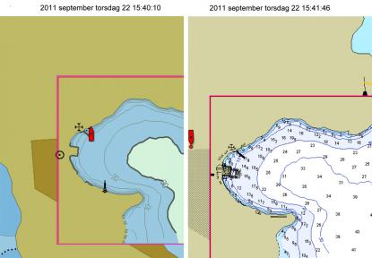 Kortet till vänster är S57-data. Det till höger, som visar att båten ligger cirka 200 meter fel är i C-Maps sjökort. &Aring;ldern på C-Maps sjökort är okänd då de följde med en begagnad PC. De är inte uppdaterade någon gång.