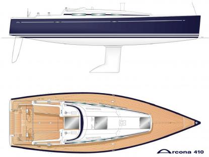 Nya Arcona 410 är ett bra exempel på en modernt designad båt med rak stäv, bred och platt i aktern, stor sittbrunn och stor volym invändigt samt fina seglingsegenskaper. Sådana här båtar finns inte bland de äldre från 70- och 80-talet