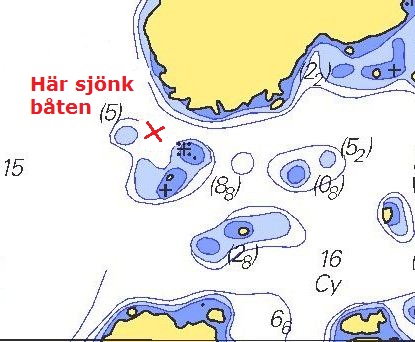 Mellan Hjärterö (VSV Hjärterösund) och norr om Flatholmen på Tjörns västra sida träffades vår båt av en större våg och slogs omkull. Inom några minuter sjönk båten och vi låg nu alla tre och simmade i vattnet.