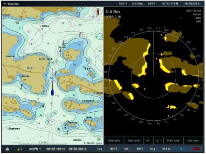 Bilden visar sjökortsunderlaget i form av ett raster på radarbilden till höger. Eftersom även rategyrokompassen var monterad i masttoppen blev inte radarbilden stabil vid radaröverlägg. Ett rategyro passar bäst lågt placerad.