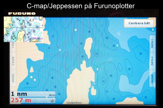 Jämför med Hydrographicas original uppe till vänster och sjökortsbilden från C-Map i en Furunonavigator. Här skiljer C-Map inte ens på färgerna för olika djup mellan två och tre-meterskurvan!