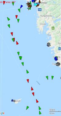Fartyg som idag går i rutt T. Efter 1 juli kommer fler att röra sig närmare svenska kusten.
