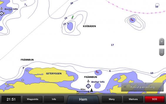 Vid grundet Koöbåden står djupsiffran till höger och i rött. Om bilden panoreras försvinner djupsiffran på grundet.