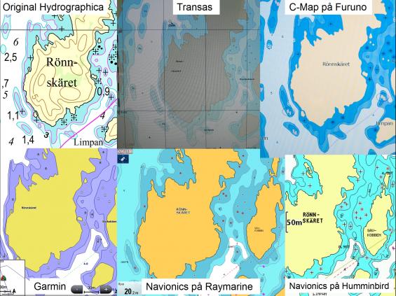 Bilden visar samma område med Hydrographicas originalsjökort uppe till vänster. &Ouml;vriga fem bilder visar hur Garmins BlueChart, C-Map, Navionics och Transas presenterar det på sina sjökort. Notera också att Navionics har olika färger i Raymarines och Humminbirds navigatorer.