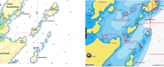 Vänstra sjökortsbilden är originalet från Hydrgraphica. Den högra är Navionics sjökortsbild över samma område. Det med rött är felaktigheter som smugit sig in vid konverteringen från Hydrographicas original till Navinics eget sjökort. Båda bilderna är från 2014 års upplaga. Se tydligare bild längre ned i artikeln.