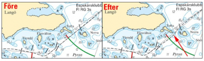 Utanför tremeterskurvan ligger en sten på två meters djup. Så får det naturligtvis inte vara. Stennen ligger 1-2 meter utanför tremeterskurvan och så liten marginal bör ingen fritidsbåtsägare ha, men nu är det justerat och farleden gör en liten böj.