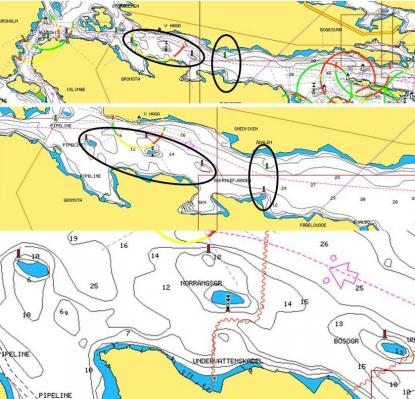 Bilden visar problematiken med grundinformation som framträder först vid stor inzoomning. Ligger felet i navigatorn eller i sjökortet?