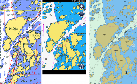 Från vänster: Marine Navigator, Navionics och Seapilot över samma område runt Möja i Stockholms skärgård.