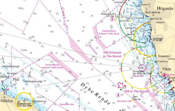 Trafiksepareringsområde TSS i norra &Ouml;resund. Notera Kusttrafikzonen innanför trafiksepareringsområdet.