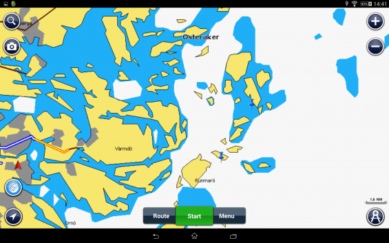 Så här ser sjökortsbilden ut i Androidversion av Navionics sjökort i skala motsvarande Kustkort. Bilden nedan visar hur det ser ut i iPad.