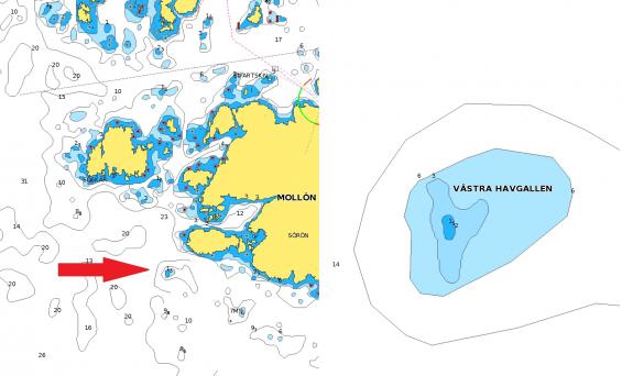 Västra Havgallen i Navionics sjökort 2019 visat i surfplatta. Djupsiffran följer med hela vägen vid steglös zoomning från vänstra bilden till högra vid inzoomning.