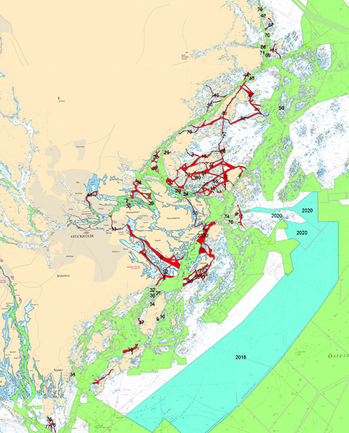 Områden markerade med rött kommer att sjömätas mellan 2016 - 2017. Sedan sker efterbearbetningar. Kring 2019 kan vi fritidsbåtsägare räkna med att få del av de nya mätningarna i Båtsportkorten.