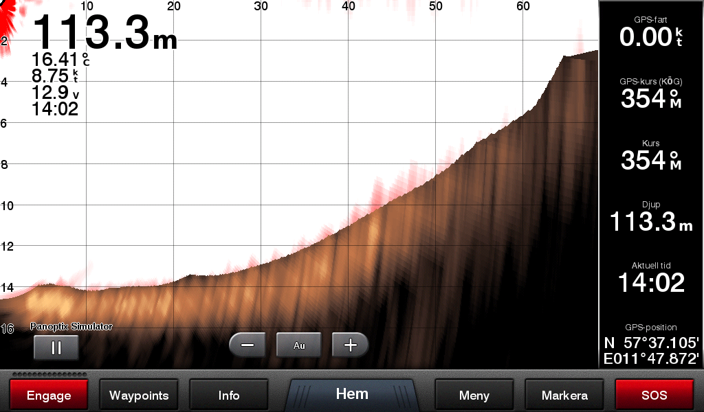 Bilden är från Garmin. Under testet kunde motsvarande bild inte fås fram. Anledningen anges till felaktig inställning av ekolodsfunktion. Nytt test görs våren 2019.