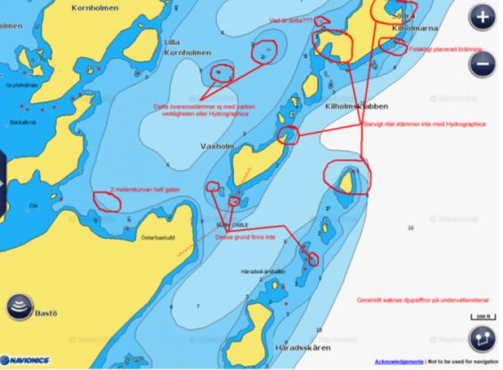 Navionics sjökort av samma område.