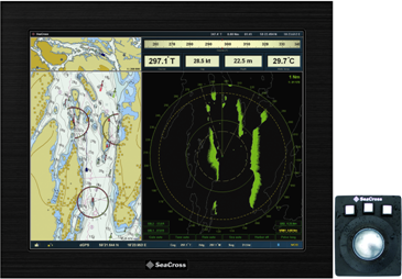 Sjökort S57 till vänster i bild och radarbild till höger. Bilderna går att justera i både storlek och antal. Allt styrs med en trackboll och tre tryckknappar.