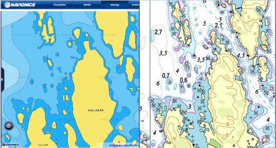 Navionics sjökort till vänster och originalet Hydrographica till höger. Jag föredrar Hydrographicas original framför Navionics sjökort här.