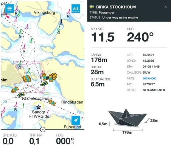 Eniro på sjön visar alla kommersiella fartygs AIS-data. Klicka på fartyget och mera information framträder såsom längd, fart, kurs med mera.