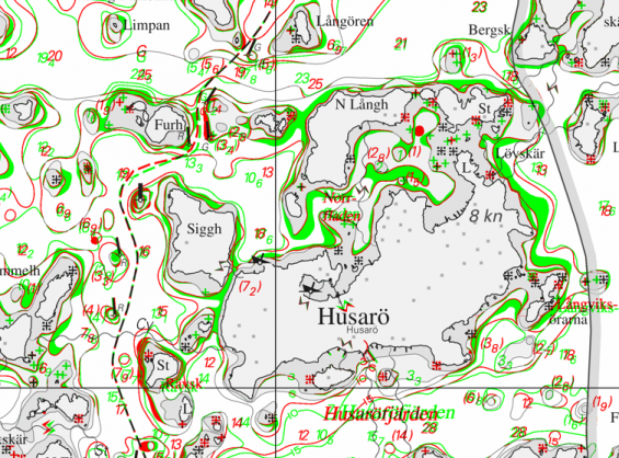 Denna så kallade skillnadskarta vid trakterna av Husarö visar nya införanden markerat med grön färg. Bortplockat är det med röd färg. Det är med andra ord en hel del förändringar inom till synes relativt små områden.