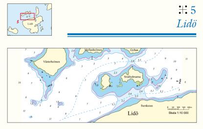 Genvägarna presenteras med sjökortsbild, flygfoto och förklarande text. Här om passagen vid norra Lidö. Flygfotot är översta bilden i artikeln.