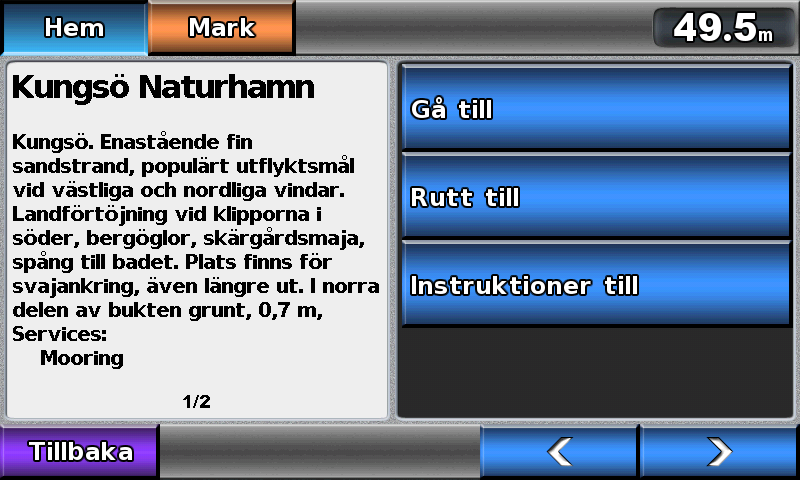 När man klickar på symbolen kommer textinformationen fram. I år kompletteras Bluechart totalt med 470 nya naturhamnar med textinformation från Hydrographica.