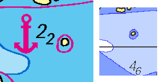 Till vänster ser vi en djupangivelse på 2,2 meter i NV-Verlags sjökort. Röd linje är tvåmeterskurvan. I Sjöfartsverkets kort till höger är samma område angivet till 3 till 6 meters djupt.