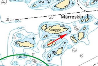 Inom det mörkblå området låg det en sten. Numera finns den i sjökortet. Insänd av Gustav von Sydow och Thomas Lydhig.