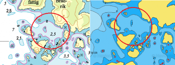 Sjökortsbilden till vänster är originalet från Hydrographica. Det till höger är Navionics senaste utgåva. Det är lått att tro att stenen ligger på 2 meters djup. Det visar sig vara en felaktigt placerad djupkurssiffra. Hydrographica har angivet det till mindre än två meter. Ett exempel på ett farligt fel eller förvirring. Notera även avsaknaden om 2 meters djup vid sundet vid \